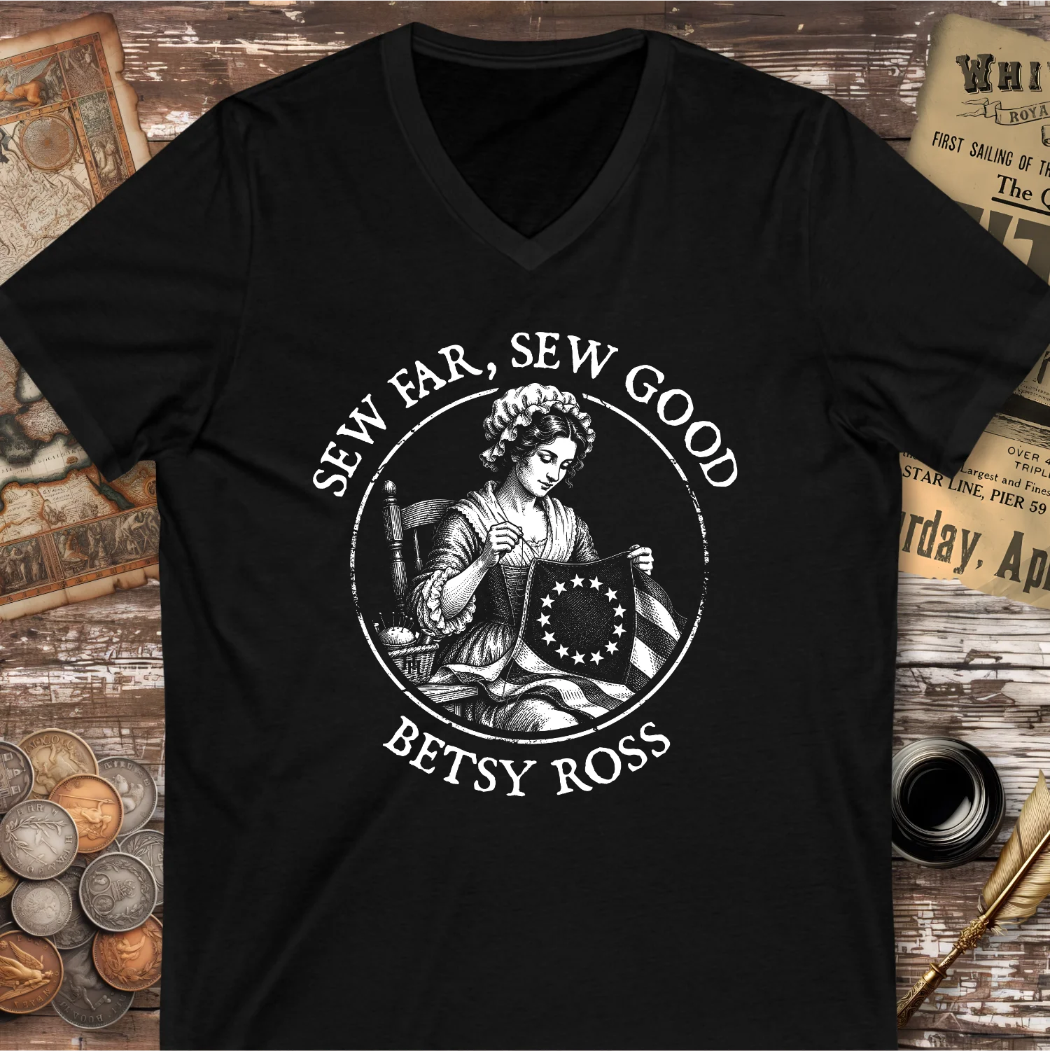 Betsy Ross Sew Far, Sew Good V-neck T-shirt