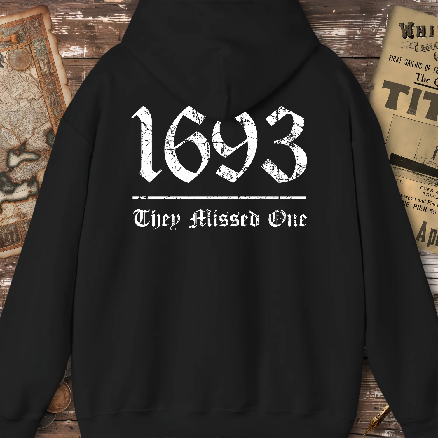 1693 They Missed One Salem Witch Trials Hoodie, Back Print